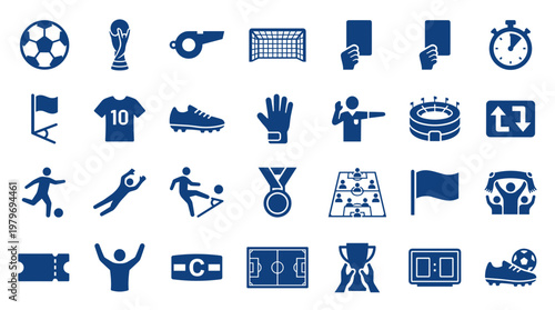 Collection of soccer football icons and symbols representing game elements equipment and actions on a white background