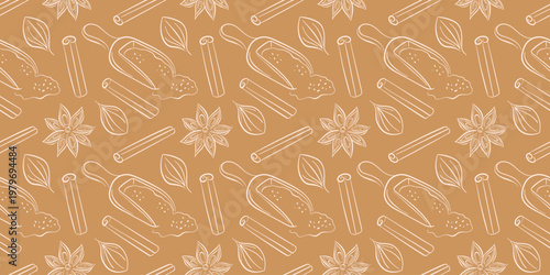 Seamless brown background pattern with line art style of cinnamon stick, star anise, leaf and spice scoop.