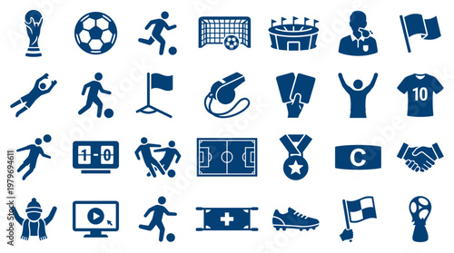 Collection of Soccer Icons Representing Game Elements Equipment and Actions Diverse Symbols for Sports Themes