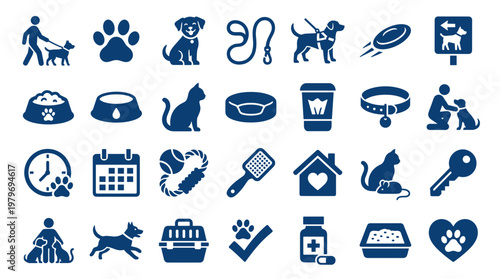 Collection of Pet Care Icons and Symbols Representing Animal Services and Products for Dogs and Cats