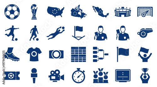 Collection of soccer icons and symbols representing the sport of football including players, equipment, trophies, and stadiums