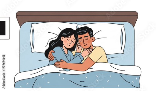 A loving couple embracing in bed together at night