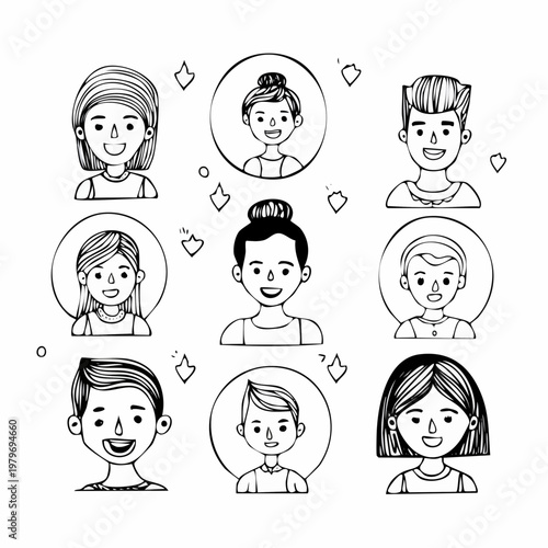 Set of people faces hand drawn in doodle style.Black lines and silhuette