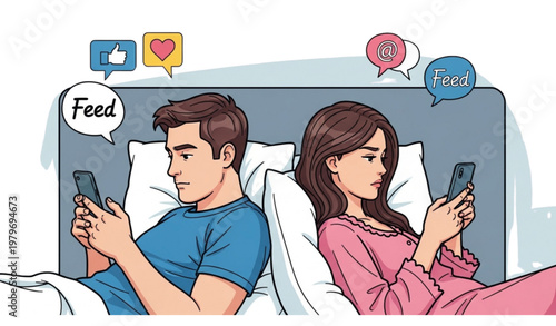 A couple lies in bed, distracted by their smartphones and social media feeds