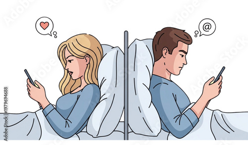 A cartoon illustration of a couple lying in bed, distracted by their smartphones