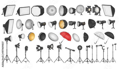 A collection of various lighting equipment for photography and videography