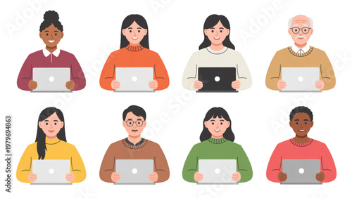Group of diverse individuals engaged with technology in a collaborative setting Vector