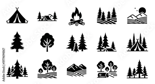 Black silhouette camping icons set.