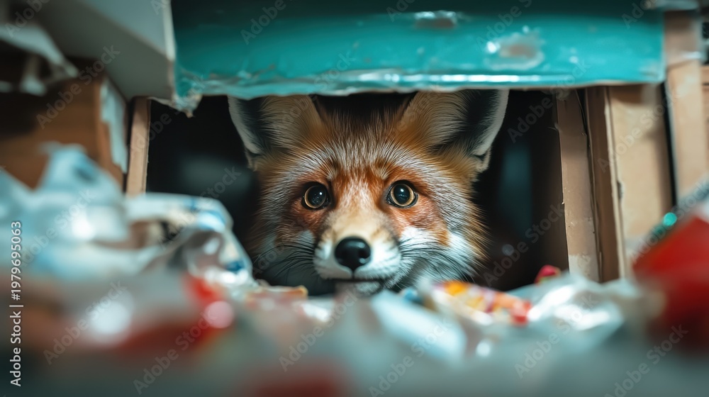 Fototapeta premium A curious fox peeks out from behind a pile of cardboard, showcasing its innocence and playful demeanor while adding a whimsical touch to a cluttered environment.