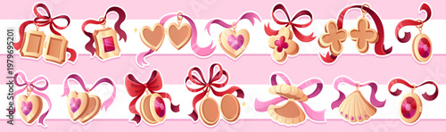 Gold vintage locket with satin bow and romantic heart charm. Elegant necklace pendant - ornate antique frame design with ribbon accents, beautiful golden jewelry illustration for wedding themes.