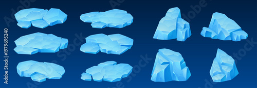 Ice glacier blocks and icebergs in snowy arctic mountains. Vector frozen floes, crystal formations and cartoon polar elements. North pole antarctica landscape with cold winter ocean ice scenery.