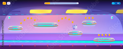 Space adventure UI with futuristic platforms and cosmic elements. Cartoon spaceship interior level with flying jump islands and collectible coins, progress bar and arcade mobile interface design.