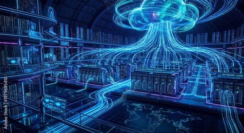 Digital Data Hub: An awe-inspiring image of a state-of-the-art server room, showcasing a complex network of data flow represented by mesmerizing neon-blue light trails.