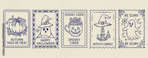 Spooky Halloween cider stamps, festive pumpkin and ghost illustrations, holiday celebration icon graphics, black ink spooky treats symbols, vintage Halloween postal elements, trick or treat sticker co