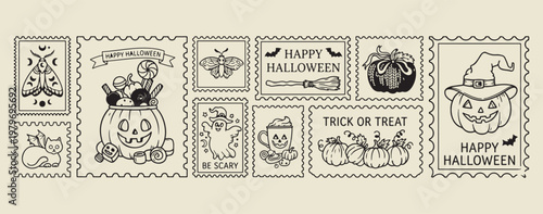 Vintage Halloween and moth stamps, spooky holiday postal illustrations, black ink festive icon graphics, pumpkin and witch broom symbols, moth and insect sticker elements, retro Halloween aesthetic co