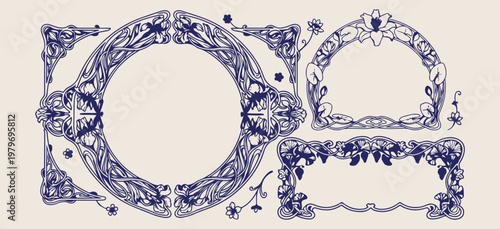 Decorative corner and border frames, blue ink ornate frame illustrations, vintage style border design elements, artistic frame corner icon collection, royal wedding invitation border symbols, antique 