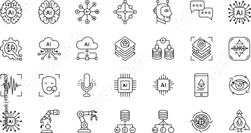 Artificial intelligence line icons set, 28 AI technology vector symbols, machine learning and neural network thin line graphics for tech UI design