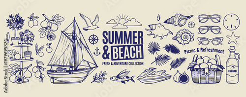 Summer and beach typography badges, outdoor vacation sticker illustrations, blue ink travel icon graphics, coastal sea and surf symbols, tropical summer holiday elements, maritime adventure badge coll