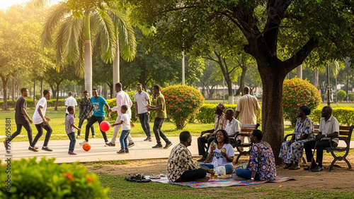 Viintimate apparelnt community gathering: people enjoying leisure time, playing games and picnicking in lush green urban park