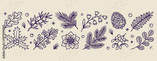 Tableau sur toile Purple winter and nature sketches, botanical leaf and flower illustrations, purp