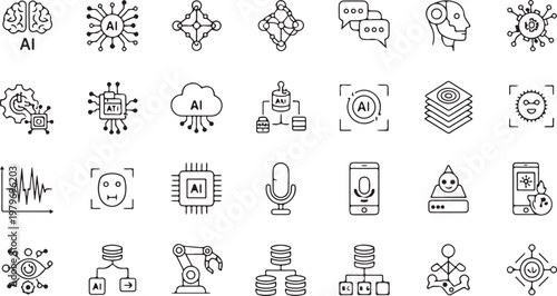 Artificial intelligence line icons set, 28 AI technology vector symbols, machine learning and neural network outline graphics for data science