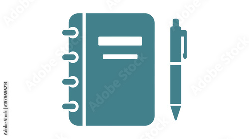 Teal spiral notebook and pen icon set isolated on white background for creative writing note taking education and business planning concepts.