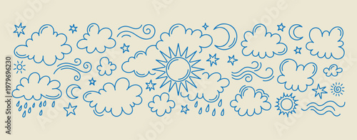 Blue sky and cloud doodles, celestial sun and moon illustrations, weather and nature sketch graphics, blue ink sky icon elements, dreamy cloud and star symbols, hand drawn sky aesthetic collection, na