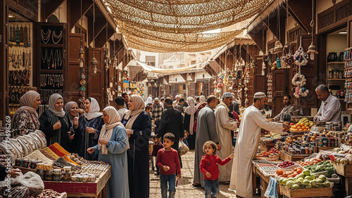 Viintimate apparelnt moroccan souk scene: bustling marketplace with colorful es, fresh produce, traditional clothing, and intricate architecture