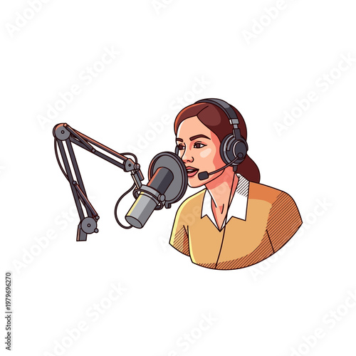 A woman wearing headphones speaks into a professional microphone on a boom arm.