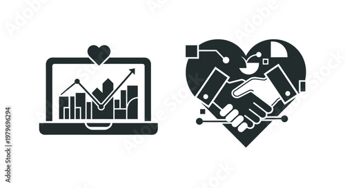 Conceptual icons showing a laptop with financial growth charts and a handshake inside a heart shape symbolizing trust in business partnerships.