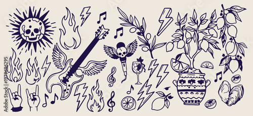 Rock music flash tattoo art, heavy metal music doodle set, guitar and skull sketch graphics, punk rock lifestyle icon elements, lightning bolt and heart symbols, dark aesthetic music illustration coll