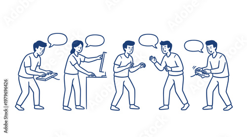 Group of gamers and programmers working intensely on computers and gaming consoles while using speech bubbles for team strategy and discussion.