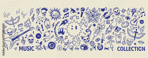 Blue mystic energy doodles, celestial sun and flame illustrations, blue ink spiritual icon elements, hand drawn magic and power symbols, cosmic energy sketch collection, whimsical spiritual art graphi