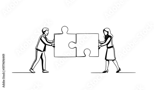 Continuous line vector illustration of two businessmen joining puzzle pieces business collaboration