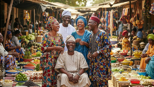 Viintimate apparelnt nigerian market scene: group of cheerful people in colorful traditional attire laughing amidst an abundance of fresh produce and local goods