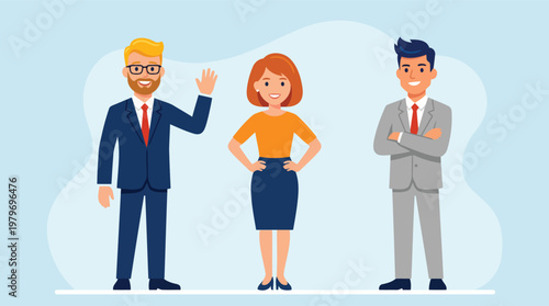 Three diverse business professionals standing together with one man waving and others posing confidently in suits on a blue background.