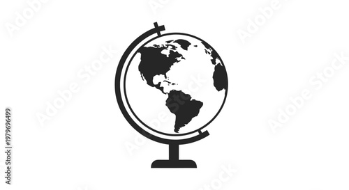 Black world globe map icon on a stand isolated on white background for geography travel education global business and international communication.