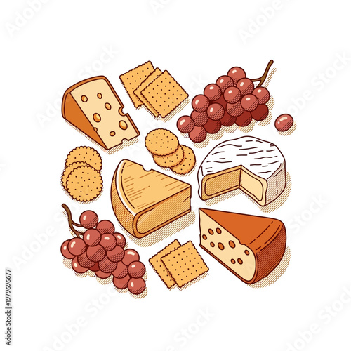 A delightful assortment of cheeses, crackers, and grapes arranged in a visually appealing composition.