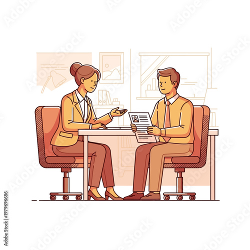 A woman in a suit interviews a man holding a resume at a desk in an office setting.