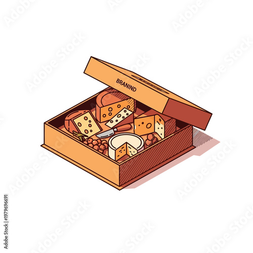 An isometric illustration of a wooden box filled with various types of cheese and nuts, with a cheese knife resting on top.