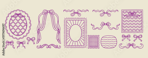Purple bow and mirror frames, vintage aesthetic border illustrations, elegant purple ink frame graphics, romantic mirror border elements, classic decorative frame symbols, purple lace frame collection