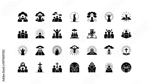 Black and white vector icon sheet featuring 30 religious and spiritual symbols in clean minimalist style