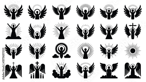Black and white ascension day icons featuring diverse angelic figures with wings and halos in minimalist design