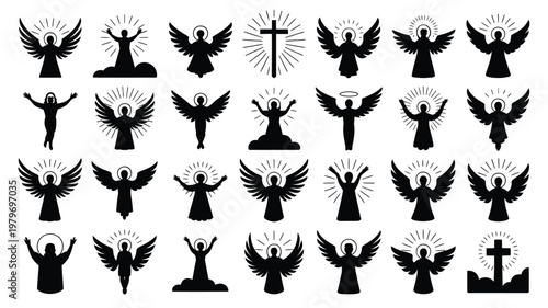 Set of 30 unique black silhouette icons depicting angels and crosses for ascension day with varied poses and halos