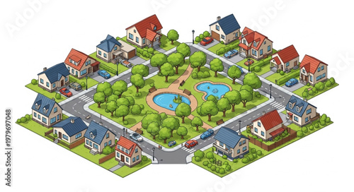 Isometric suburban neighborhood with park and houses.