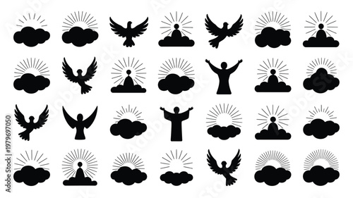 Minimalist black and white illustrations of clouds birds and spiritual figures in flight symbolizing ascension and divine connection