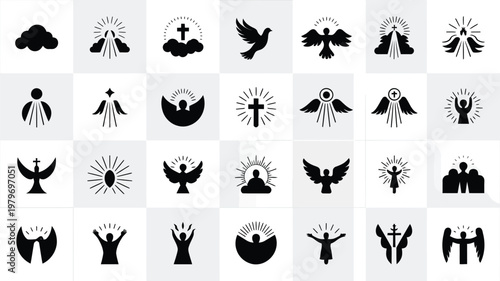 Black and white vector icons featuring religious symbols hands raised in prayer doves and abstract shapes arranged in a grid layout with clean minimalist design elements