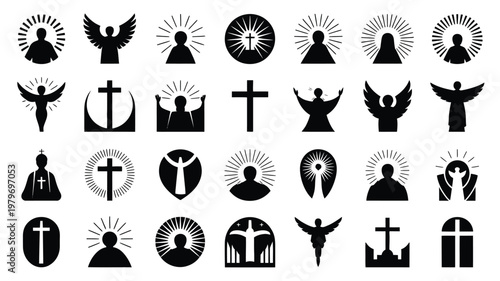 Set of 30 ascension day themed silhouettes featuring angels crosses and figures in minimalist black and white design