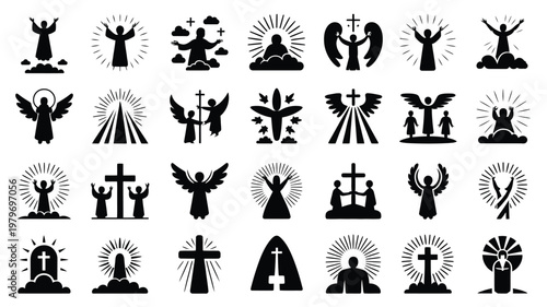 Black silhouette icons depicting religious symbols angels crosses and spiritual figures with radiant light and halo effects