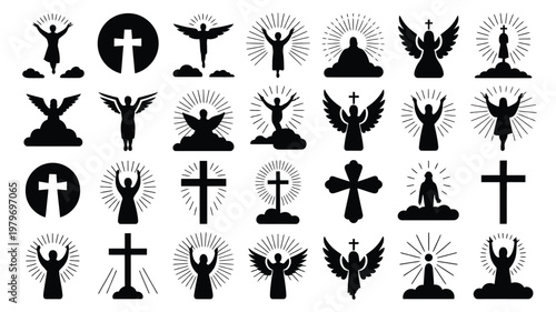 Black silhouette icons of religious symbols including crosses angels and praying figures in minimalist style